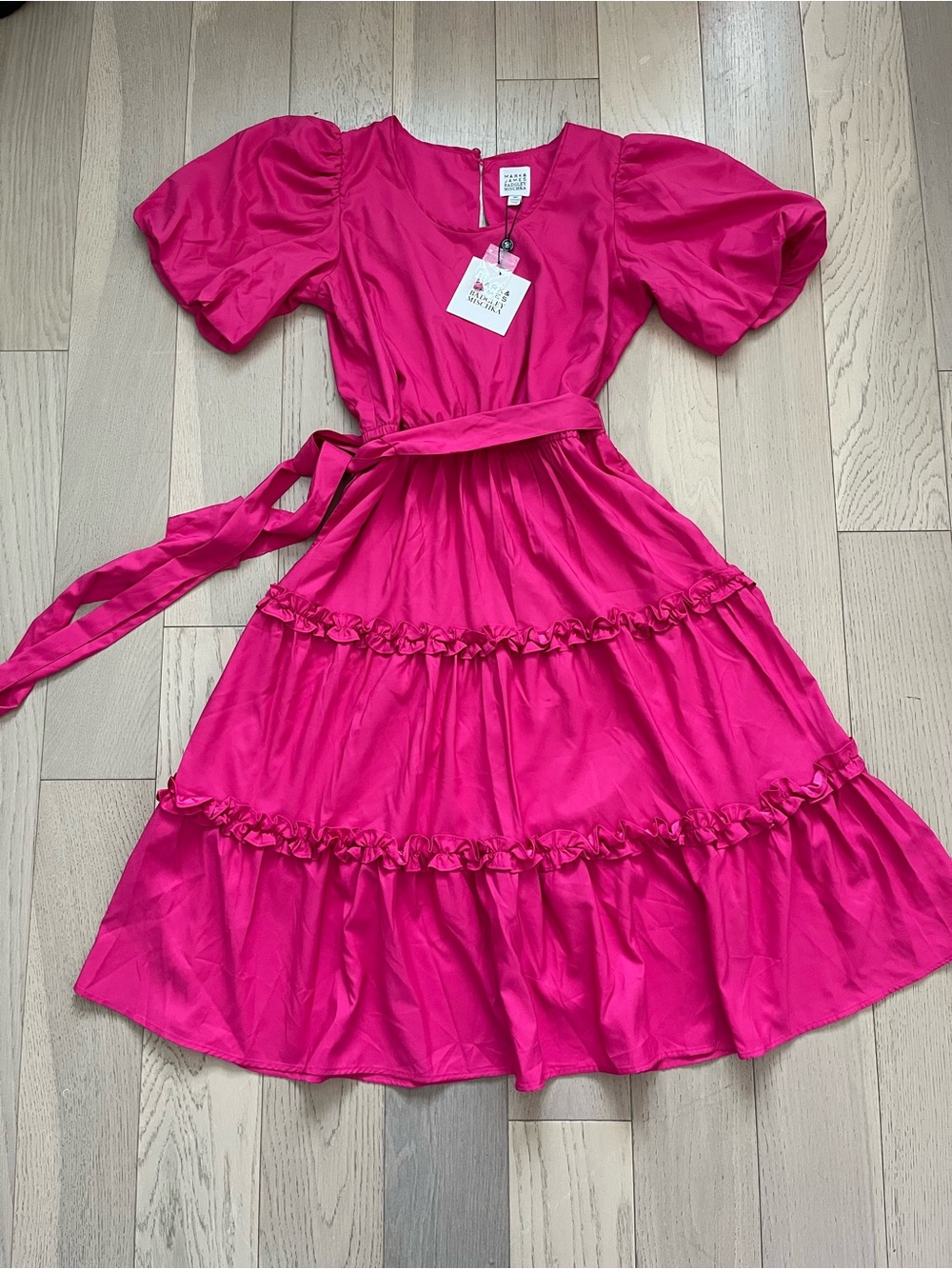 Bright Pink Tiered Midi Dress with Puff Sleeves - Unknown Brand